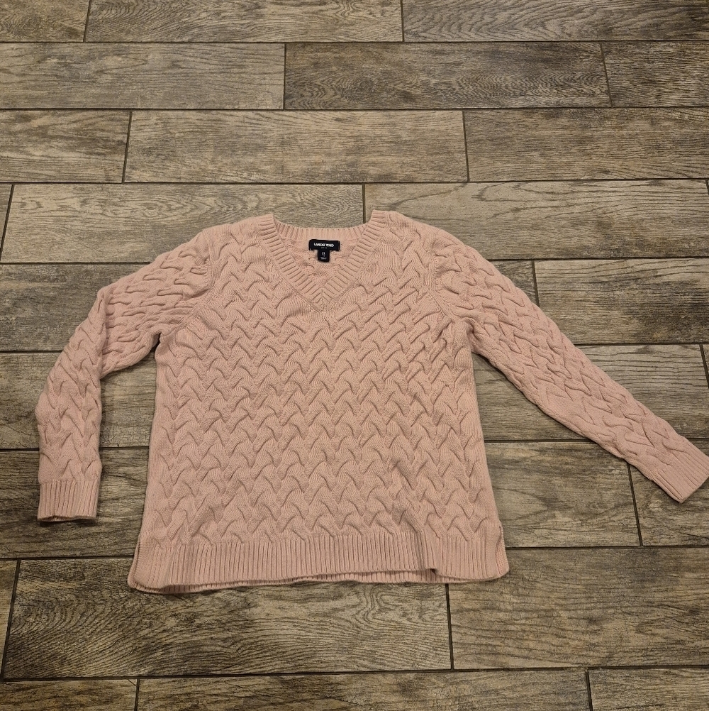 Lands’ End Drifter Sweater XL (18) Blush Pink Cable Knit V-Neck 100% Cotton
